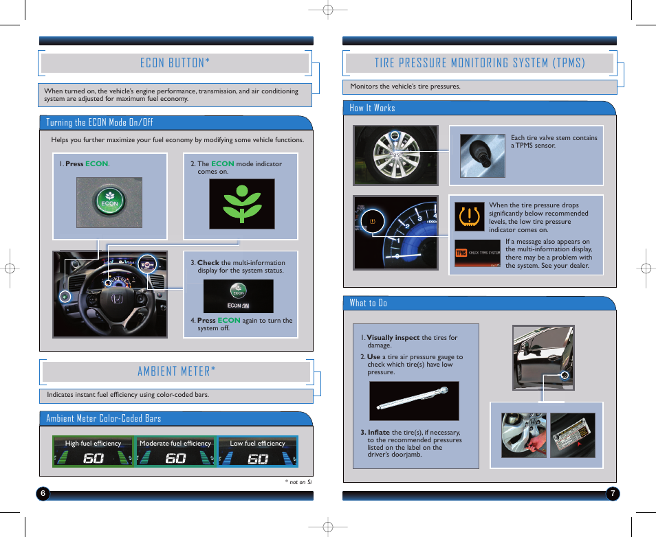 Tire pressure monitoring system (tpms), Econ button, Ambient meter | Turning the econ mode on/off, What to do, How it works, Ambient meter color-coded bars | HONDA 1982 Civic Coupe (EX, EX-L, Si with Navi ) - Technology Reference Guide User Manual | Page 5 / 15