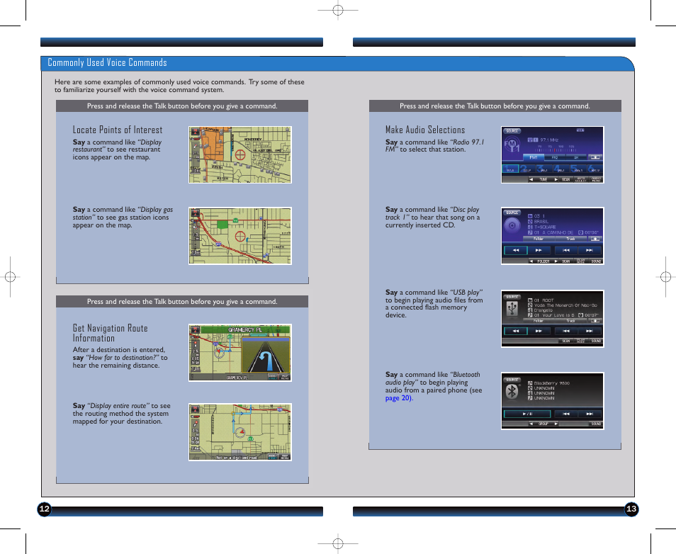 Commonly used voice commands, Locate points of interest, Get navigation route information | Make audio selections | HONDA 1982 Civic Coupe (EX, EX-L, Si with Navi ) - Technology Reference Guide User Manual | Page 8 / 15