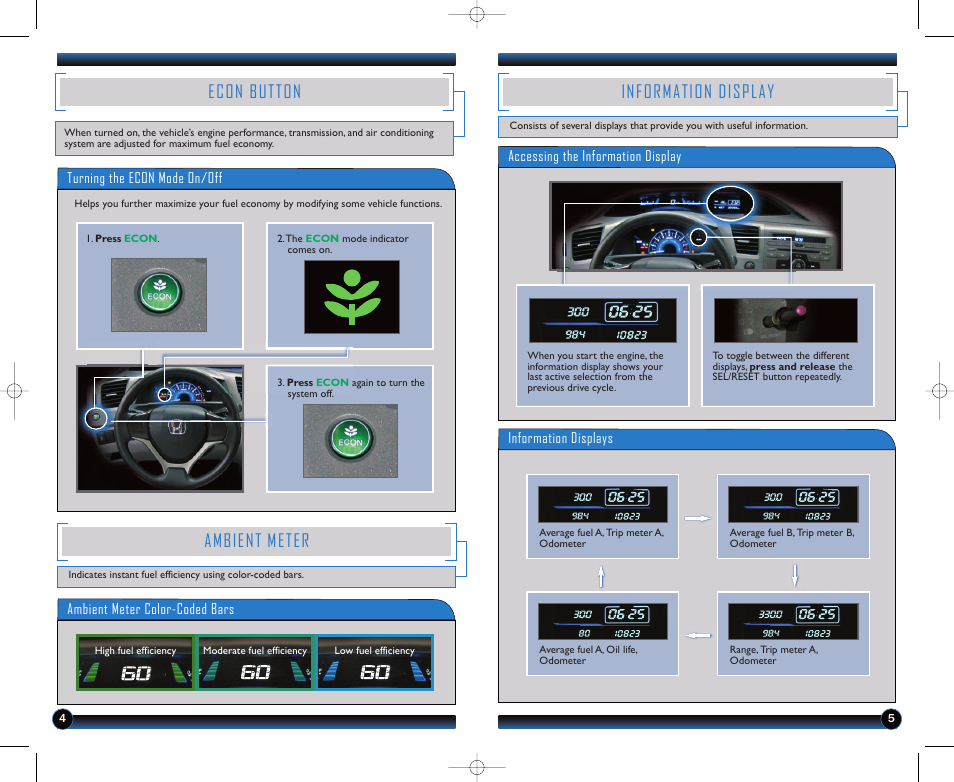 Information display, Econ button, Ambient meter | Accessing the information display, Information displays, Turning the econ mode on/off, Ambient meter color-coded bars | HONDA 1982 Civic Sedan (DX) - Technology Reference Guide User Manual | Page 4 / 6