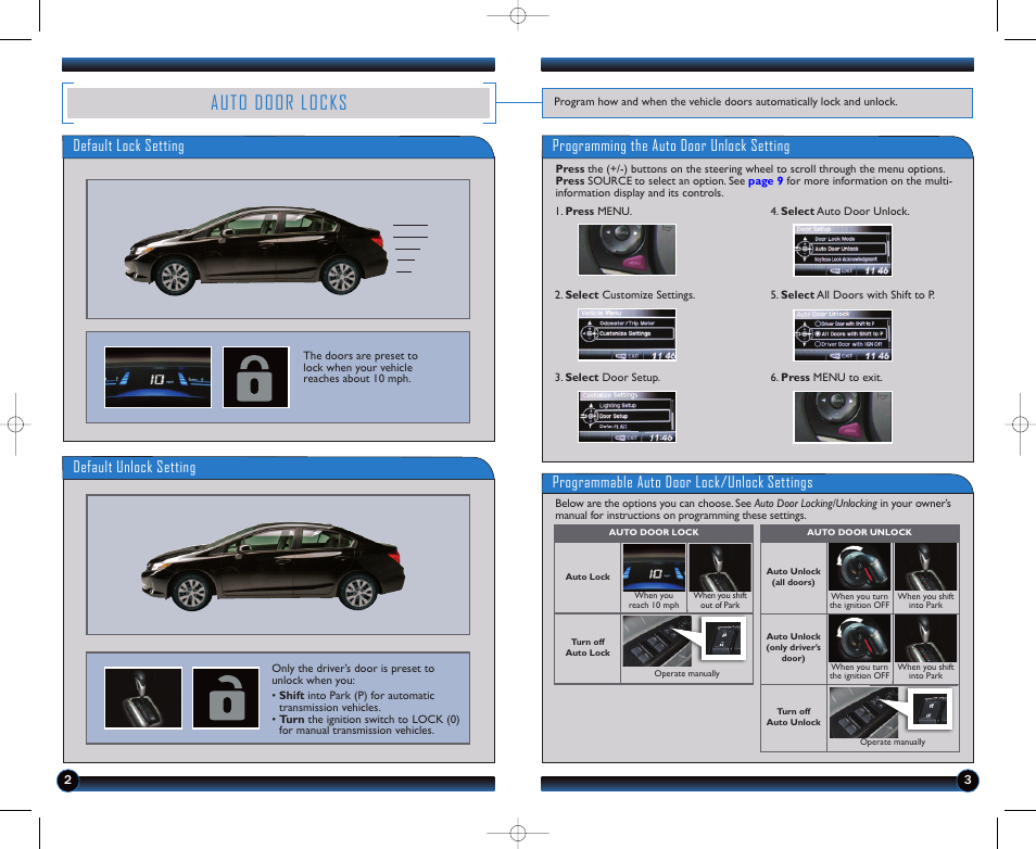 Auto door locks, Default lock setting, Default unlock setting | Programming the auto door unlock setting, Programmable auto door lock/unlock settings | HONDA 1982 Civic Sedan (LX, HF) - Technology Reference Guide User Manual | Page 3 / 8