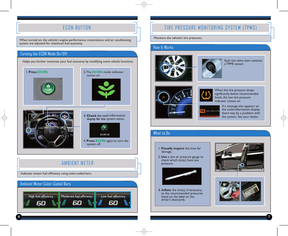 Econ button, Ambient meter, Tire pressure monitoring system (tpms) | Turning the econ mode on/off, Ambient meter color-coded bars, What to do how it works | HONDA 1982 Civic Sedan (LX, HF) - Technology Reference Guide User Manual | Page 5 / 8