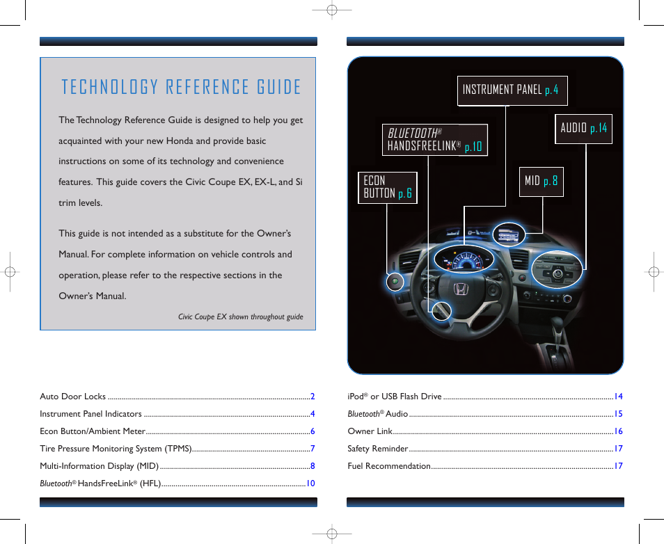 Technology reference guide, Bluetooth, Econ button p.6 | Handsfreelink, Instrument panel p.4 mid p.8 audio p.14, P.10 | HONDA 1982 Civic Coupe (EX, EX-L, Si (no Navi) ) - Technology Reference Guide User Manual | Page 2 / 10