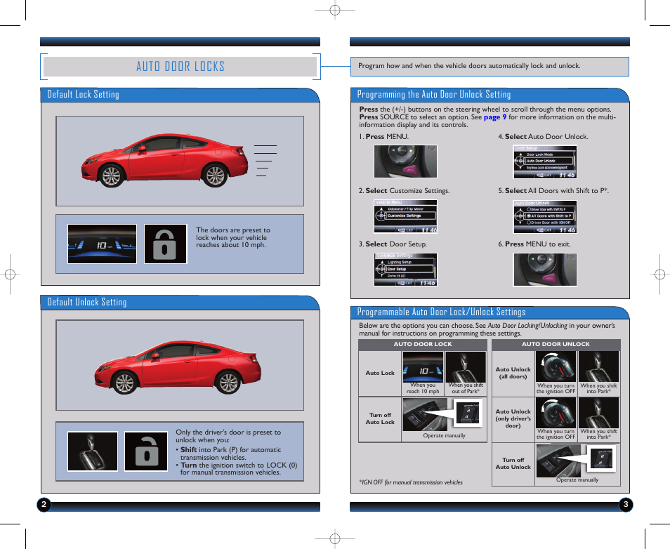 Auto door locks, Default lock setting, Default unlock setting | Programming the auto door unlock setting, Programmable auto door lock/unlock settings | HONDA 1982 Civic Coupe (EX, EX-L, Si (no Navi) ) - Technology Reference Guide User Manual | Page 3 / 10