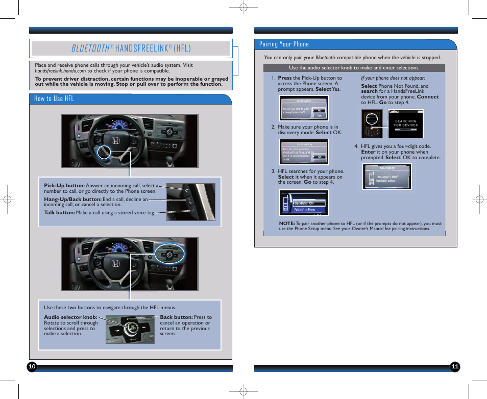 P.10, Bluetooth, Handsfreelink | Hfl), How to use hfl, Pairing your phone | HONDA 1982 Civic Coupe (EX, EX-L, Si (no Navi) ) - Technology Reference Guide User Manual | Page 7 / 10