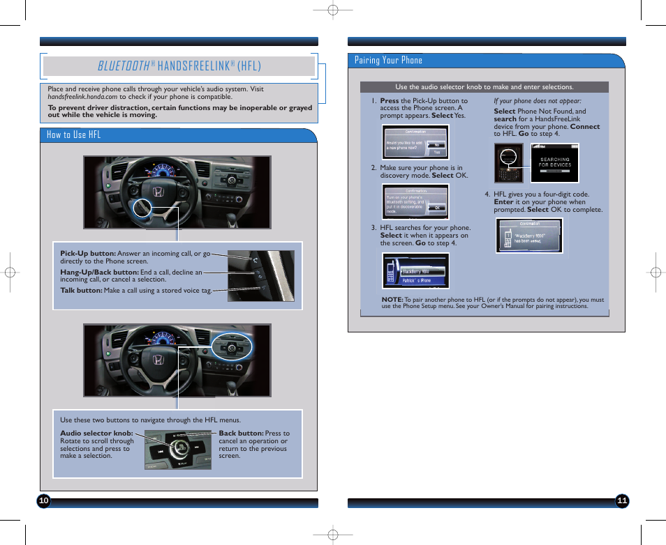 P.10, Bluetooth, Handsfreelink | Hfl), How to use hfl, Pairing your phone | HONDA 1982 Civic Sedan (EX, EX-L, Si, GX (no Navi) ) - Technology Reference Guide User Manual | Page 7 / 10