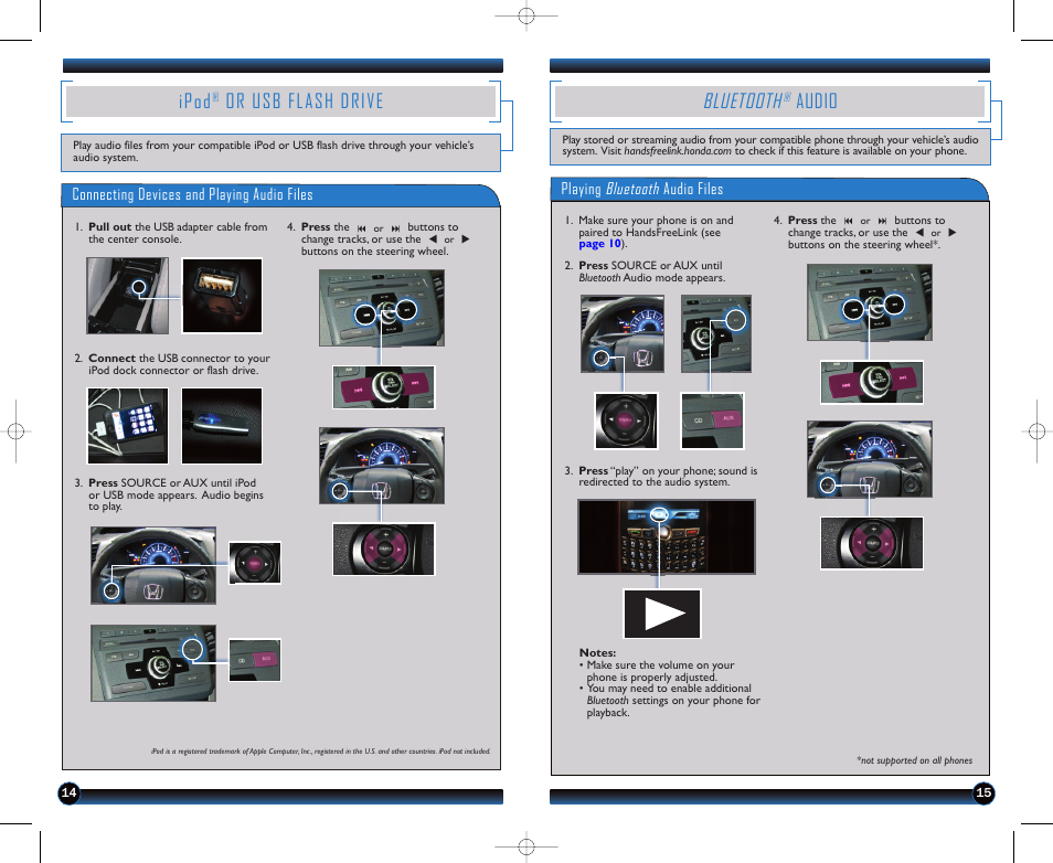 P.14, Bluetooth, Audio | Ipod, Or usb flash drive | HONDA 1982 Civic Sedan (EX, EX-L, Si, GX (no Navi) ) - Technology Reference Guide User Manual | Page 9 / 10