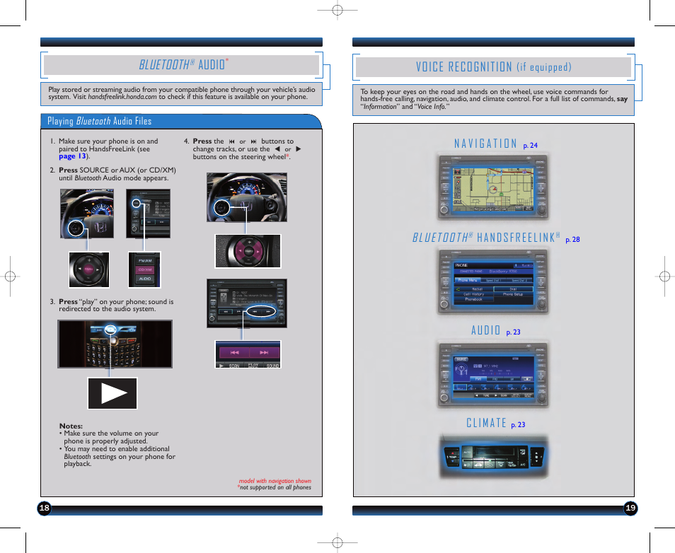 P.19, Voice recognition, Bluetooth | Audio, Climate, Handsfreelink, If equipped) | HONDA 2012 Civic Hybrid - Technology Reference Guide User Manual | Page 11 / 18