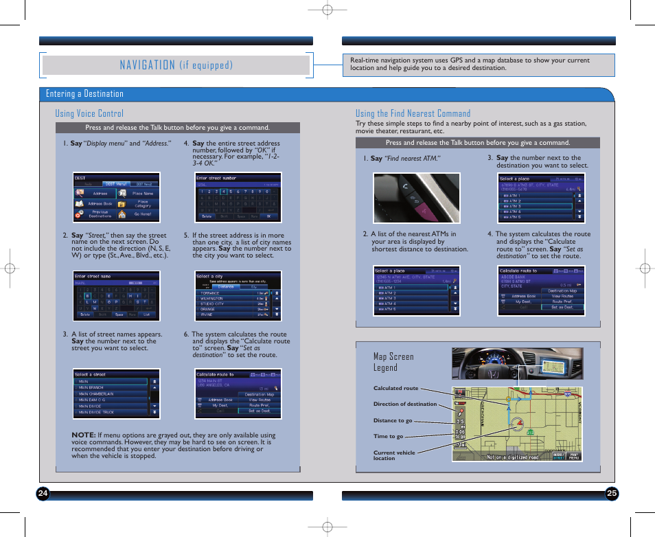 P.24, P. 24, Navigation | If equipped), Entering a destination using voice control, Using the find nearest command, Map screen legend | HONDA 2012 Civic Hybrid - Technology Reference Guide User Manual | Page 14 / 18
