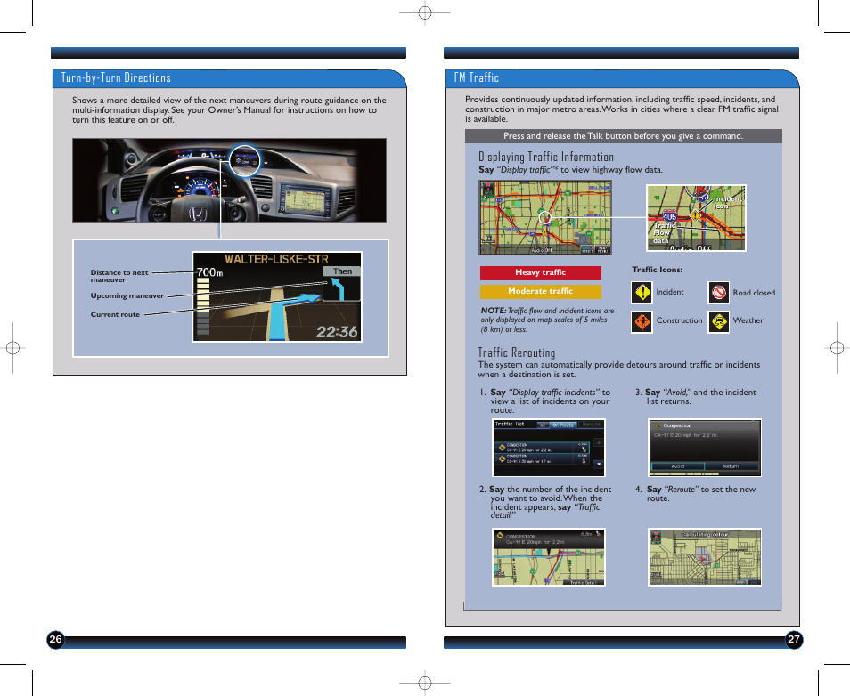 Turn-by-turn directions, Fm traffic, Displaying traffic information | Traffic rerouting | HONDA 2012 Civic Hybrid - Technology Reference Guide User Manual | Page 15 / 18