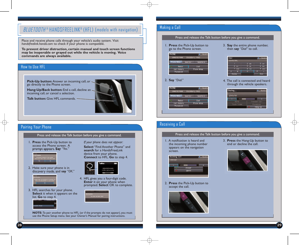 P. 28, Bluetooth, Handsfreelink | Hfl), Models with navigation | HONDA 2012 Civic Hybrid - Technology Reference Guide User Manual | Page 16 / 18