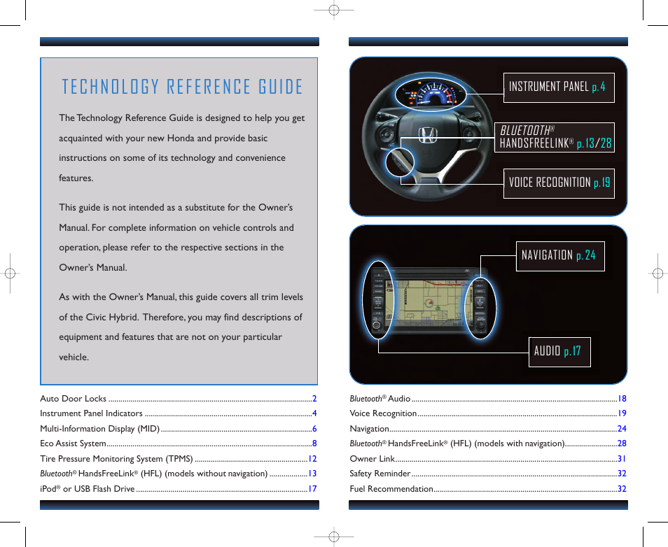 Technology reference guide, Bluetooth, Handsfreelink | HONDA 2012 Civic Hybrid - Technology Reference Guide User Manual | Page 2 / 18