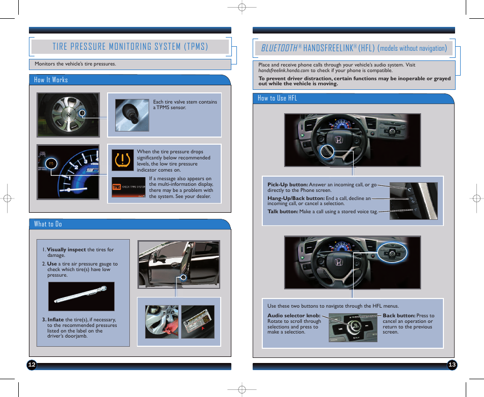 P.13, Bluetooth, Tire pressure monitoring system (tpms) | Handsfreelink, Hfl), Models without navigation | HONDA 2012 Civic Hybrid - Technology Reference Guide User Manual | Page 8 / 18