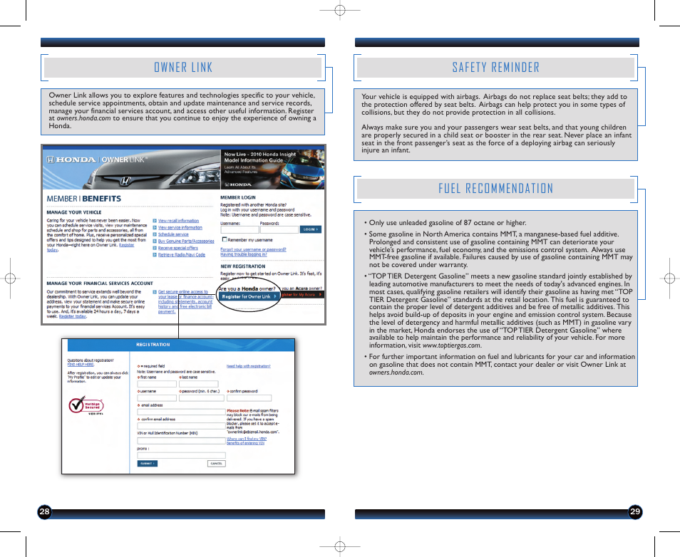 Owner link, Safety reminder, Fuel recommendation | HONDA 2012 Crosstour - Technology Reference Guide User Manual | Page 16 / 16