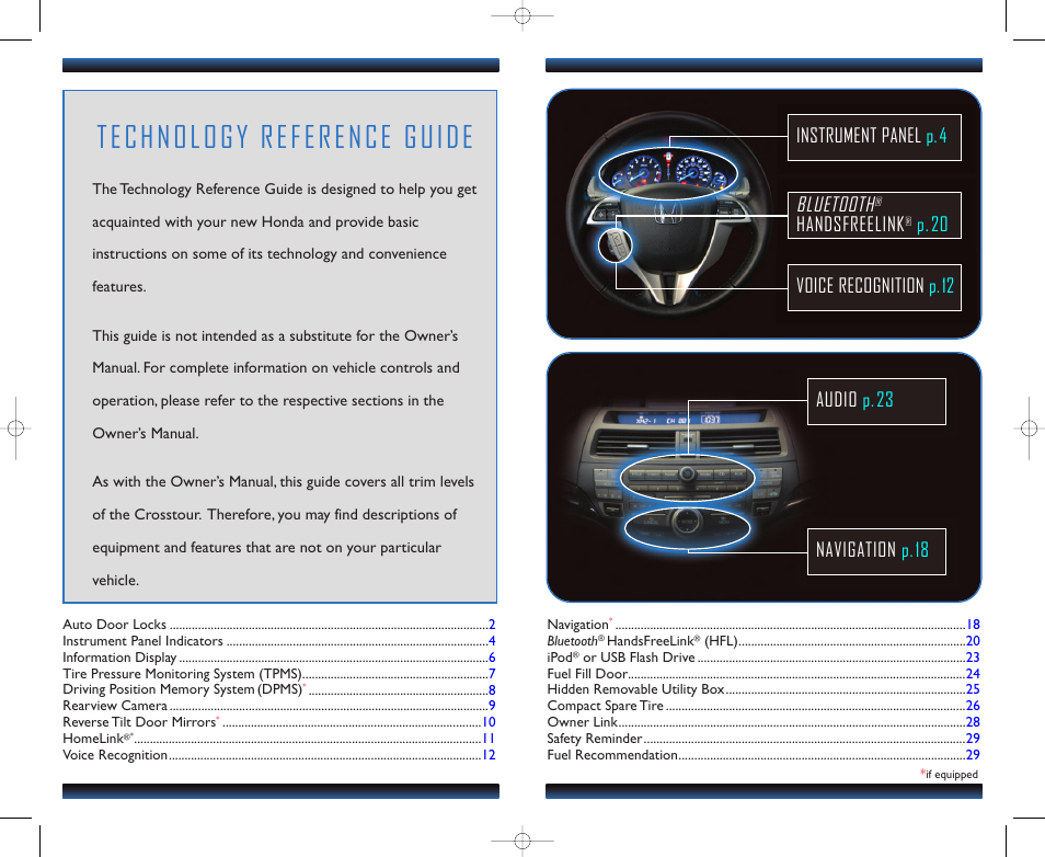 Technology reference guide, Bluetooth, Handsfreelink | HONDA 2012 Crosstour - Technology Reference Guide User Manual | Page 2 / 16