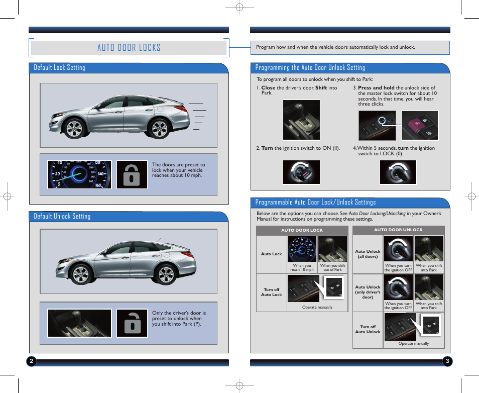 Auto door locks, Default unlock setting, Programmable auto door lock/unlock settings | HONDA 2012 Crosstour - Technology Reference Guide User Manual | Page 3 / 16