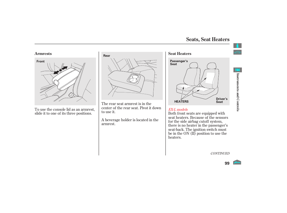 Seat heaters, Seats, seat heaters, 2012 crosstour | HONDA 2012 Crosstour - Owner's Manual User Manual | Page 103 / 435