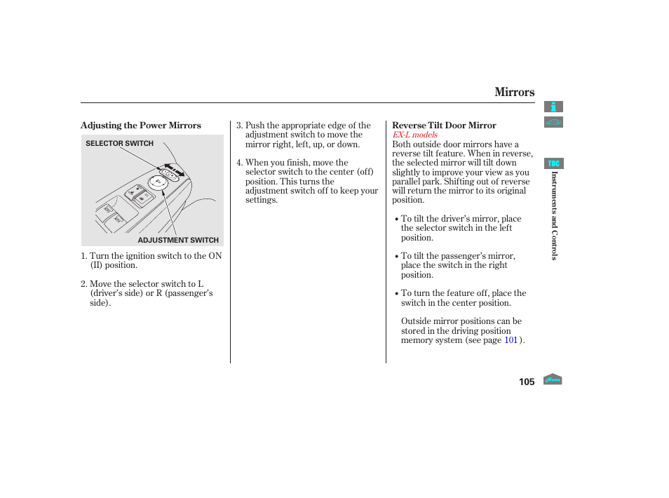 Mirrors, 2012 crosstour | HONDA 2012 Crosstour - Owner's Manual User Manual | Page 109 / 435