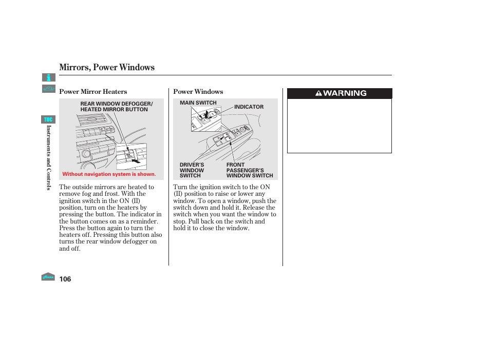 Power windows, Mirrors, power windows, 2012 crosstour | HONDA 2012 Crosstour - Owner's Manual User Manual | Page 110 / 435