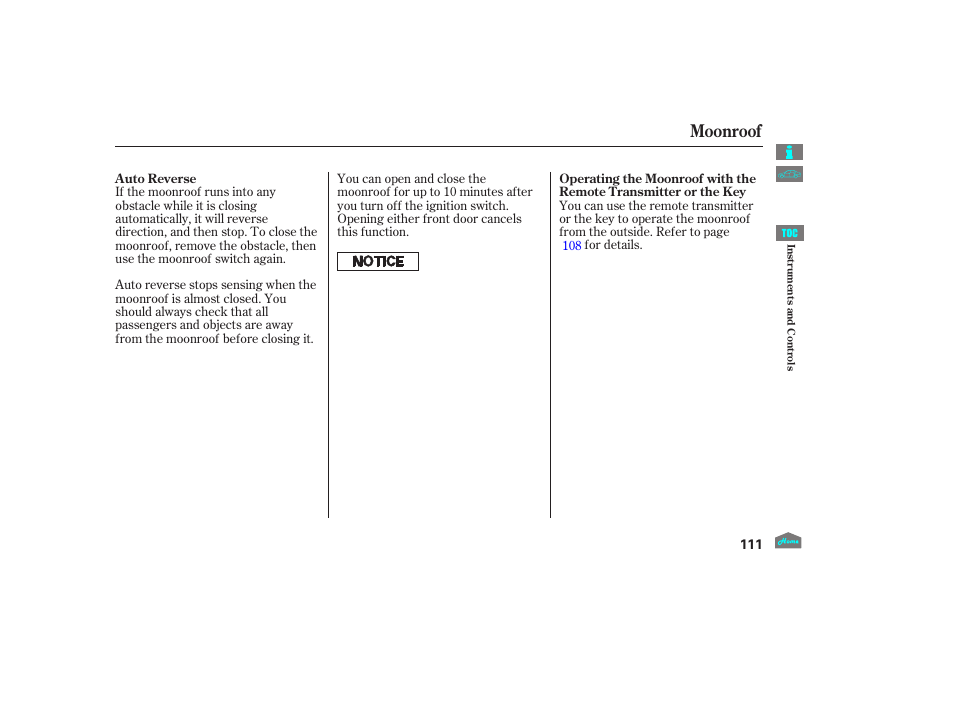 Moonroof, 2012 crosstour | HONDA 2012 Crosstour - Owner's Manual User Manual | Page 115 / 435