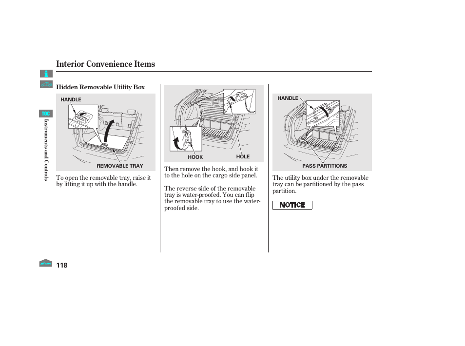 Hidden removable utility box, Interior convenience items, 2012 crosstour | HONDA 2012 Crosstour - Owner's Manual User Manual | Page 122 / 435