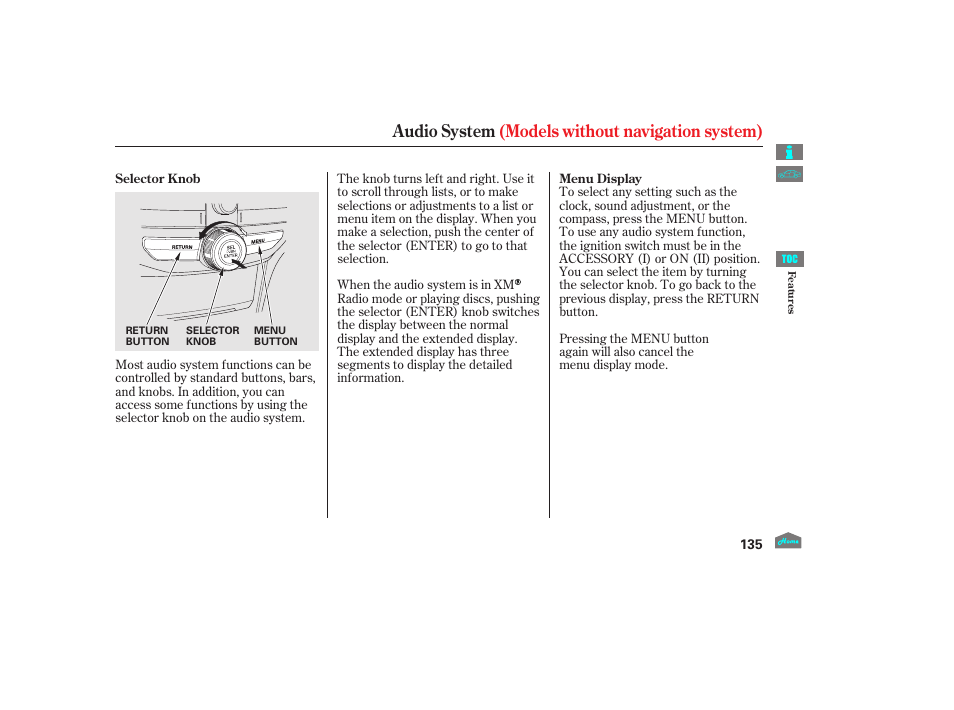 Models without navi, Audio system (models without navigation system) | HONDA 2012 Crosstour - Owner's Manual User Manual | Page 139 / 435