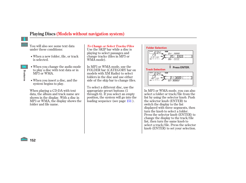 Playing discs (models without navigation system) | HONDA 2012 Crosstour - Owner's Manual User Manual | Page 156 / 435