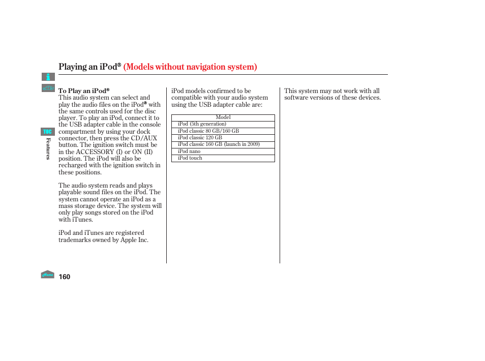 Playing an ipod (models without navigation system) | HONDA 2012 Crosstour - Owner's Manual User Manual | Page 164 / 435