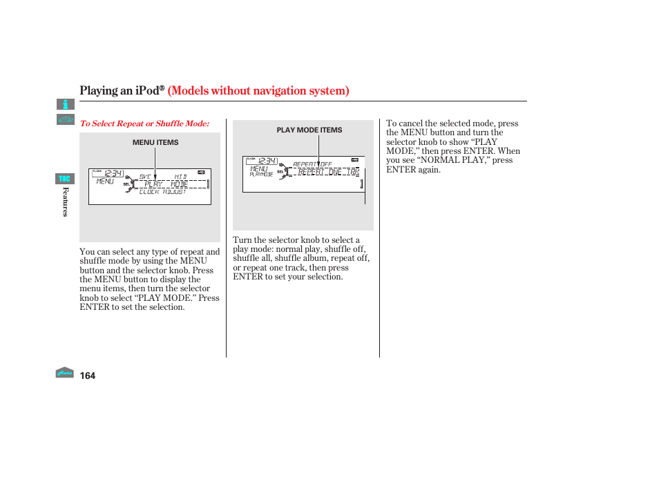 Playing an ipod (models without navigation system) | HONDA 2012 Crosstour - Owner's Manual User Manual | Page 168 / 435