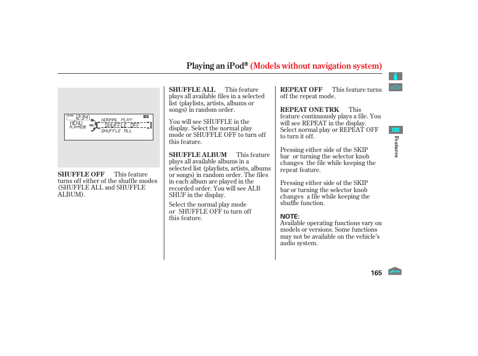 Playing an ipod (models without navigation system) | HONDA 2012 Crosstour - Owner's Manual User Manual | Page 169 / 435