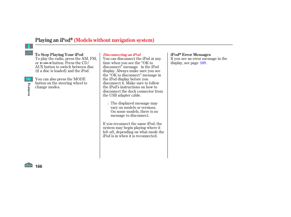 Playing an ipod (models without navigation system) | HONDA 2012 Crosstour - Owner's Manual User Manual | Page 170 / 435