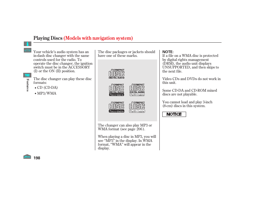 Playing discs (models with navigation system) | HONDA 2012 Crosstour - Owner's Manual User Manual | Page 202 / 435