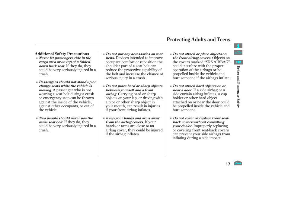 Protecting adults and teens | HONDA 2012 Crosstour - Owner's Manual User Manual | Page 21 / 435