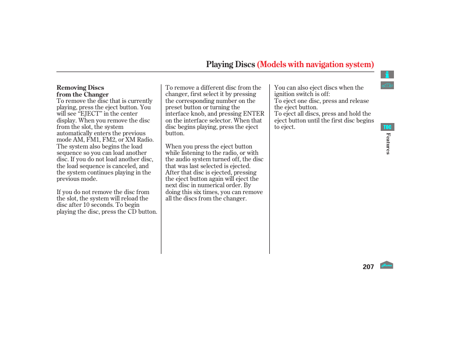 Playing discs (models with navigation system) | HONDA 2012 Crosstour - Owner's Manual User Manual | Page 211 / 435