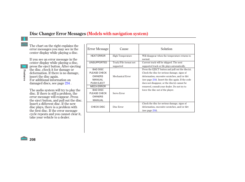 Disc changer error messages, 2012 crosstour | HONDA 2012 Crosstour - Owner's Manual User Manual | Page 212 / 435