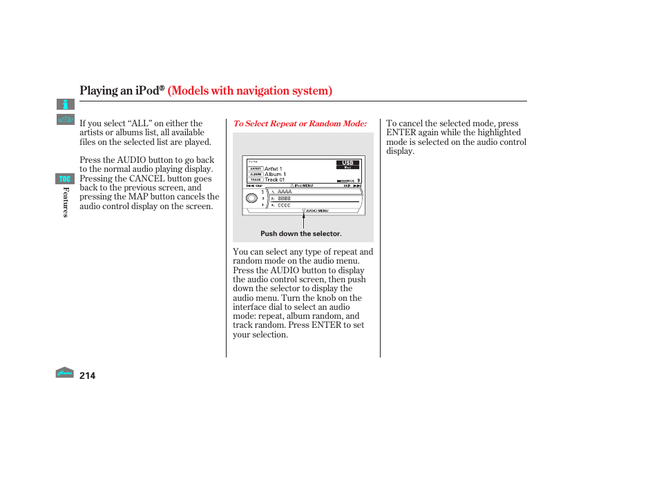 Playing an ipod (models with navigation system) | HONDA 2012 Crosstour - Owner's Manual User Manual | Page 218 / 435