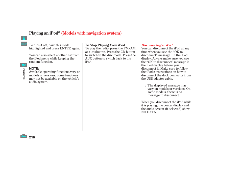 Playing an ipod (models with navigation system) | HONDA 2012 Crosstour - Owner's Manual User Manual | Page 220 / 435