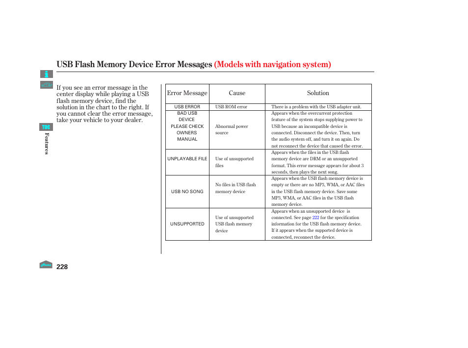 Usb flash memory device error messages, 2012 crosstour | HONDA 2012 Crosstour - Owner's Manual User Manual | Page 232 / 435