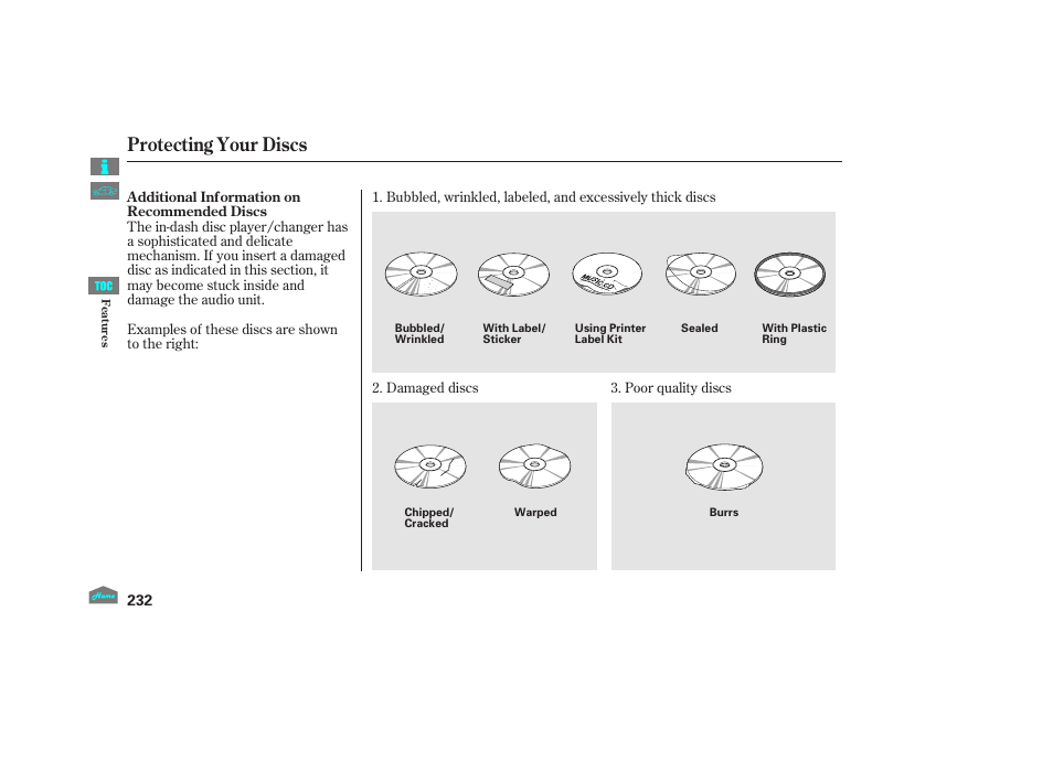 Protecting your discs, 2012 crosstour | HONDA 2012 Crosstour - Owner's Manual User Manual | Page 236 / 435