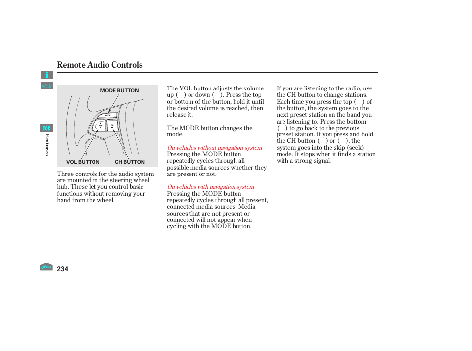 Remote audio controls | HONDA 2012 Crosstour - Owner's Manual User Manual | Page 238 / 435