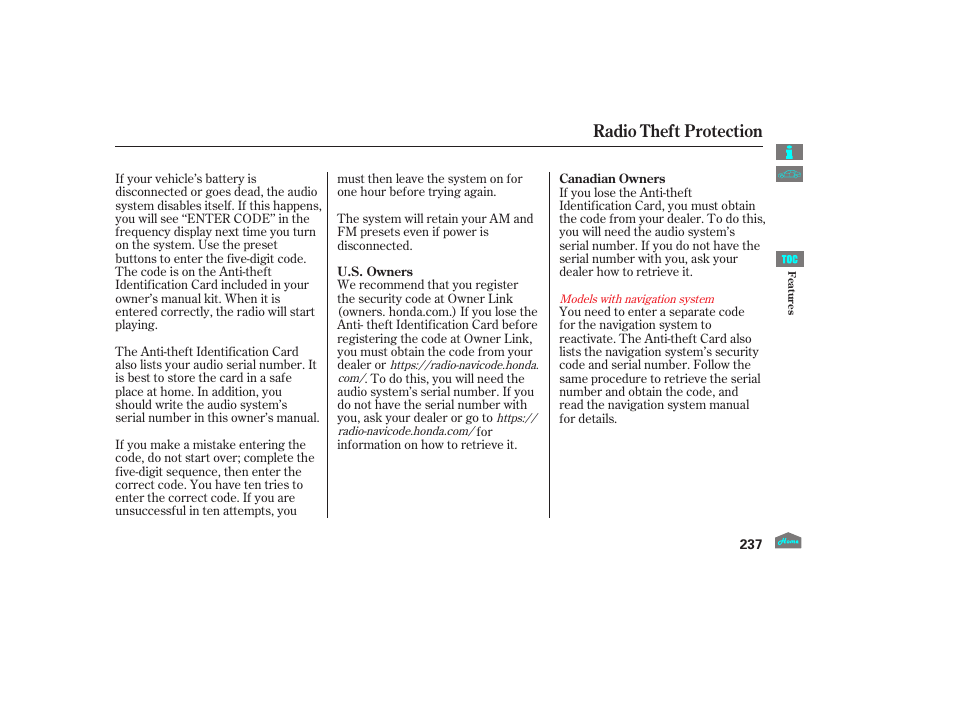 Radio theft protection | HONDA 2012 Crosstour - Owner's Manual User Manual | Page 241 / 435
