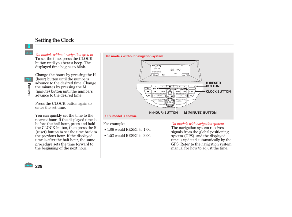 Setting the clock, 2012 crosstour | HONDA 2012 Crosstour - Owner's Manual User Manual | Page 242 / 435
