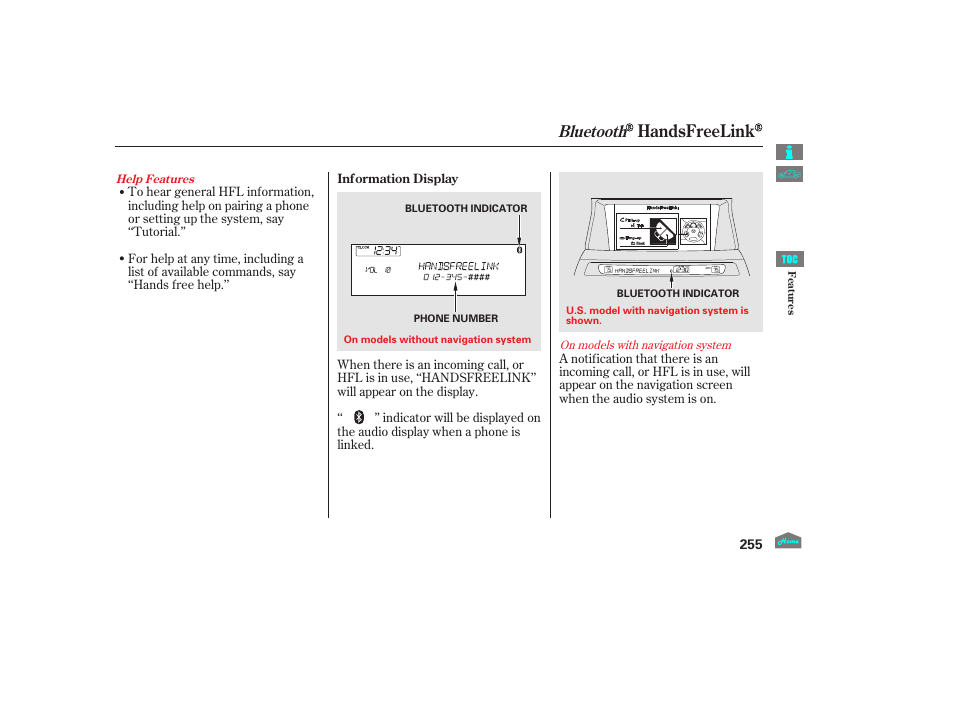 Handsfreelink, Bluetooth | HONDA 2012 Crosstour - Owner's Manual User Manual | Page 259 / 435