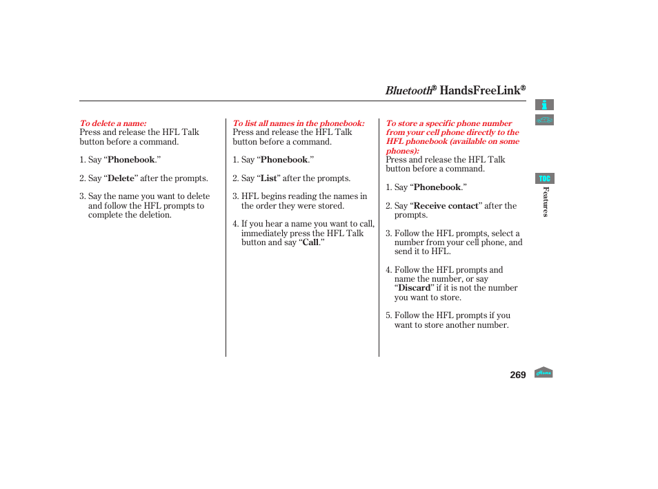 Handsfreelink, Bluetooth | HONDA 2012 Crosstour - Owner's Manual User Manual | Page 273 / 435