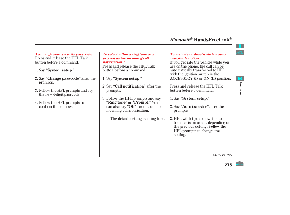 Handsfreelink, Bluetooth | HONDA 2012 Crosstour - Owner's Manual User Manual | Page 279 / 435