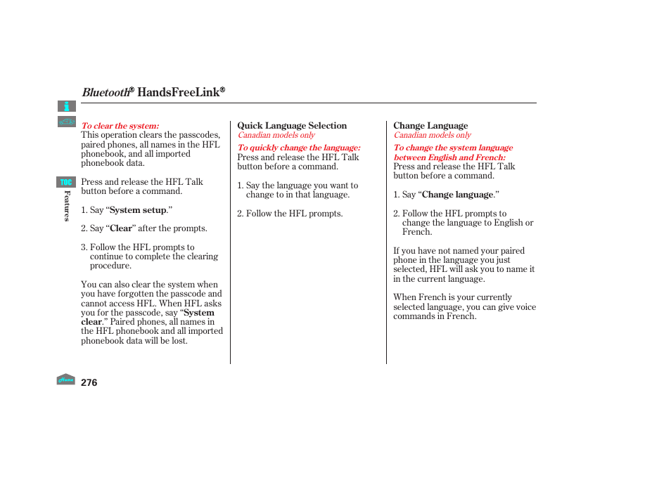 Handsfreelink, Bluetooth | HONDA 2012 Crosstour - Owner's Manual User Manual | Page 280 / 435