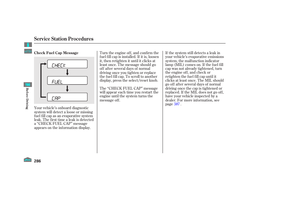 Service station procedures, 2012 crosstour | HONDA 2012 Crosstour - Owner's Manual User Manual | Page 290 / 435