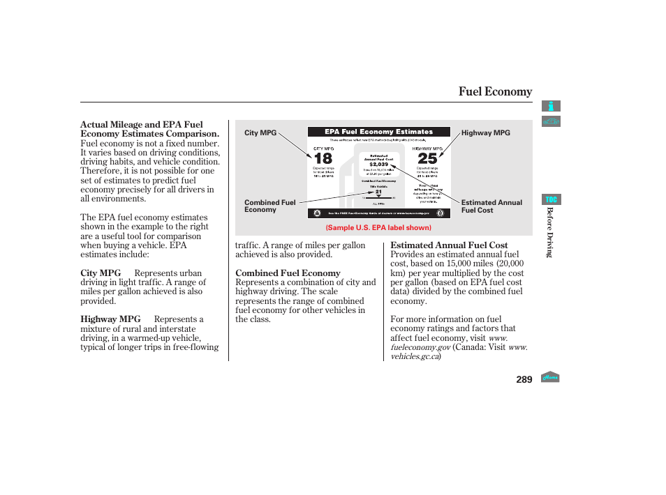 Fuel economy, 2012 crosstour | HONDA 2012 Crosstour - Owner's Manual User Manual | Page 293 / 435