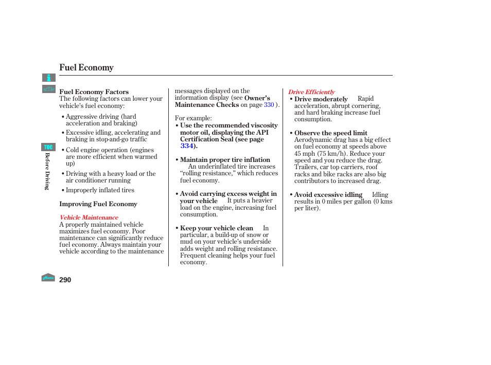 Fuel economy | HONDA 2012 Crosstour - Owner's Manual User Manual | Page 294 / 435