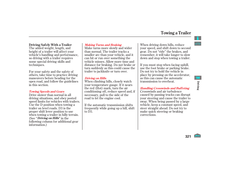 Towing a trailer | HONDA 2012 Crosstour - Owner's Manual User Manual | Page 325 / 435