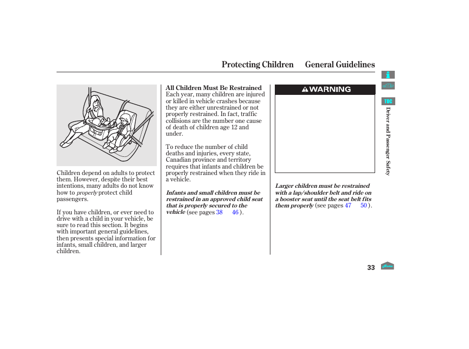 Protecting children general guidelines | HONDA 2012 Crosstour - Owner's Manual User Manual | Page 37 / 435